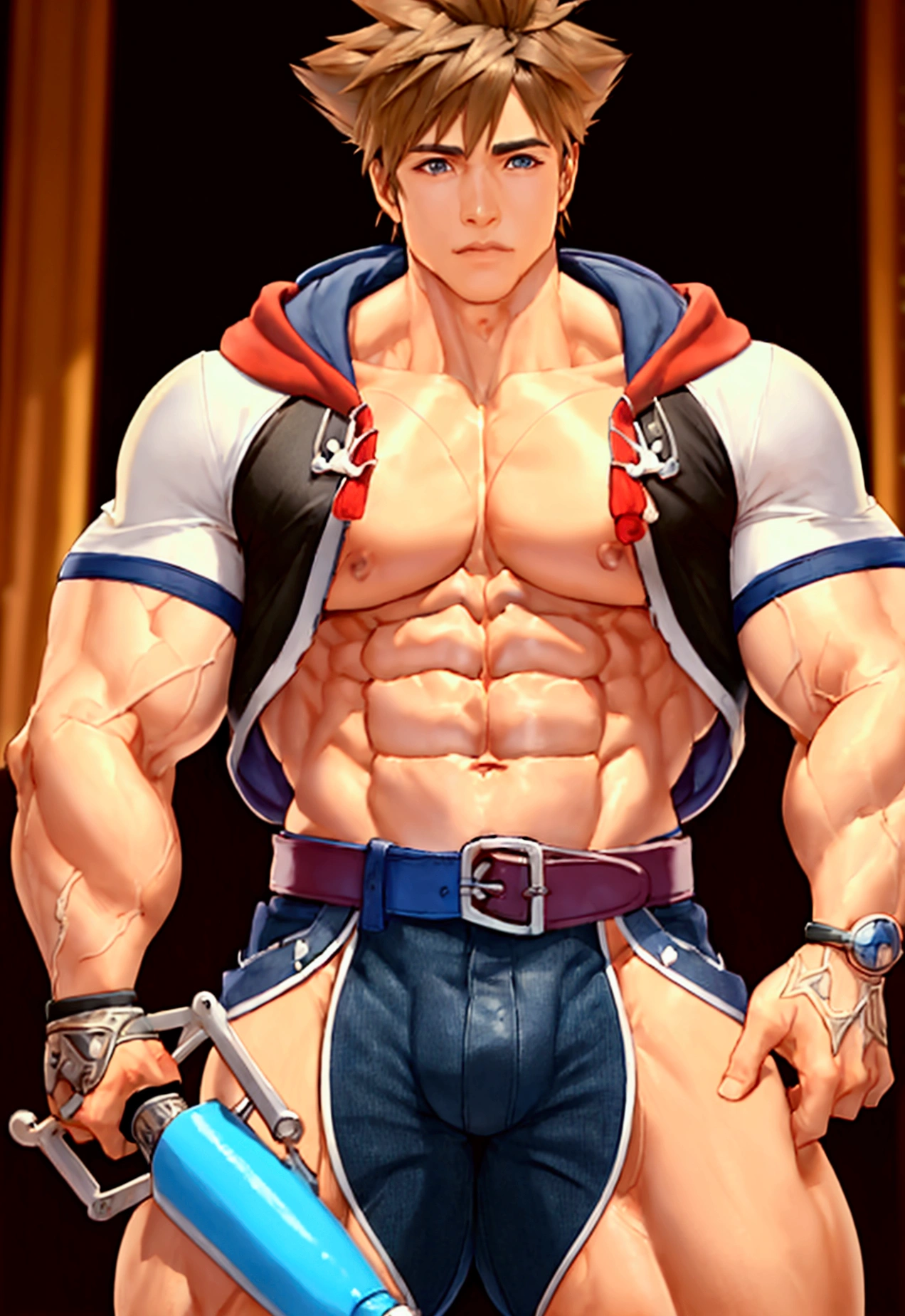 (masterpiece, Highest quality:1.2), Cowboy Shot, alone, Men's Center, One boy, sky \(Kingdom hearts\),Muscular body, Hall々A muscular body, Hall々A clean-cut appearance, Muscular arms, Muscular legs, only a main part, Trapezoidal fuselage, Rugged body, Muscular body, Round and fleshy pectoral muscles, Defined Abs, Defined Weapons, defined legs, Flex your muscles and laugh, View your viewers, Arms crossed, Hooded jacket, Huge penis,Big cock