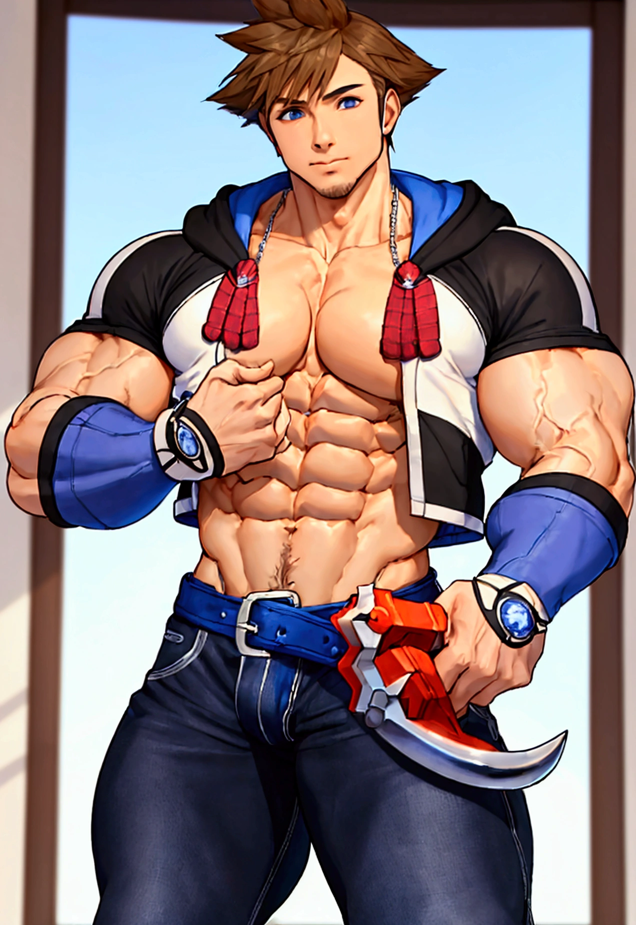 (masterpiece, Highest quality:1.2), Cowboy Shot, alone, Men&#39;s Center, One boy, sky \(Kingdom hearts\),Muscular body, Hall々A muscular body, Hall々A clean-cut appearance, Muscular arms, Muscular legs, only a main part, Trapezoidal fuselage, Rugged body, Muscular body, Round and fleshy pectoral muscles, Defined Abs, Defined Weapons, defined legs, Flex your muscles and laugh, View your viewers, Arms crossed, Hooded jacket, Huge penis,Big cock