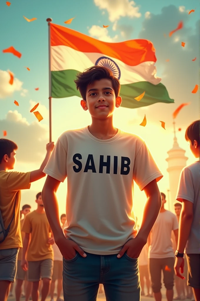 There should be a background of 15 August and a flag and a 17 year old boy and it should be written on his t-shirt 'SAHIB' ok