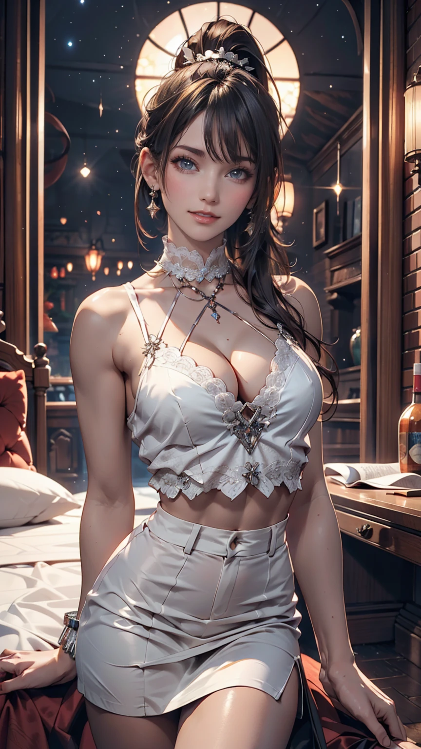 24-year-old woman、Attractive Young Woman, (Beautiful Face:1.1), Detailed eyes, Seductive lips, (eye make up:1.2), (Medium chest:1.0), (Toned body:1.2), Sexy proportions、Narrow waist、Erotic female body、Split Ponytail((split ponytail))、Silver Hair、High neck blouse with lace embellishment、High Waist Skirt、Silver accessories on the wrist、Stiletto heels、Arms crossed、smile、Starry Sky、meteor、Xin Haicheng、Cowboy Shot