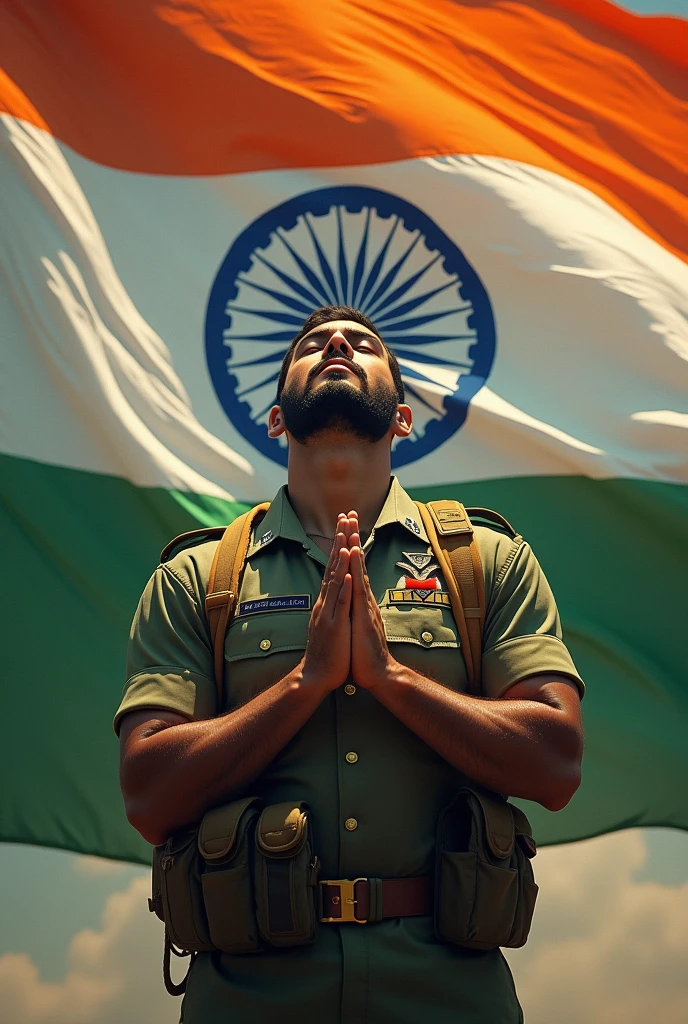 A Muslim men wearing Indian army uniform, worship of Allah , bodybuilder Soldier in Front of Indian national Flag. Artwork, fantasy ,Dua