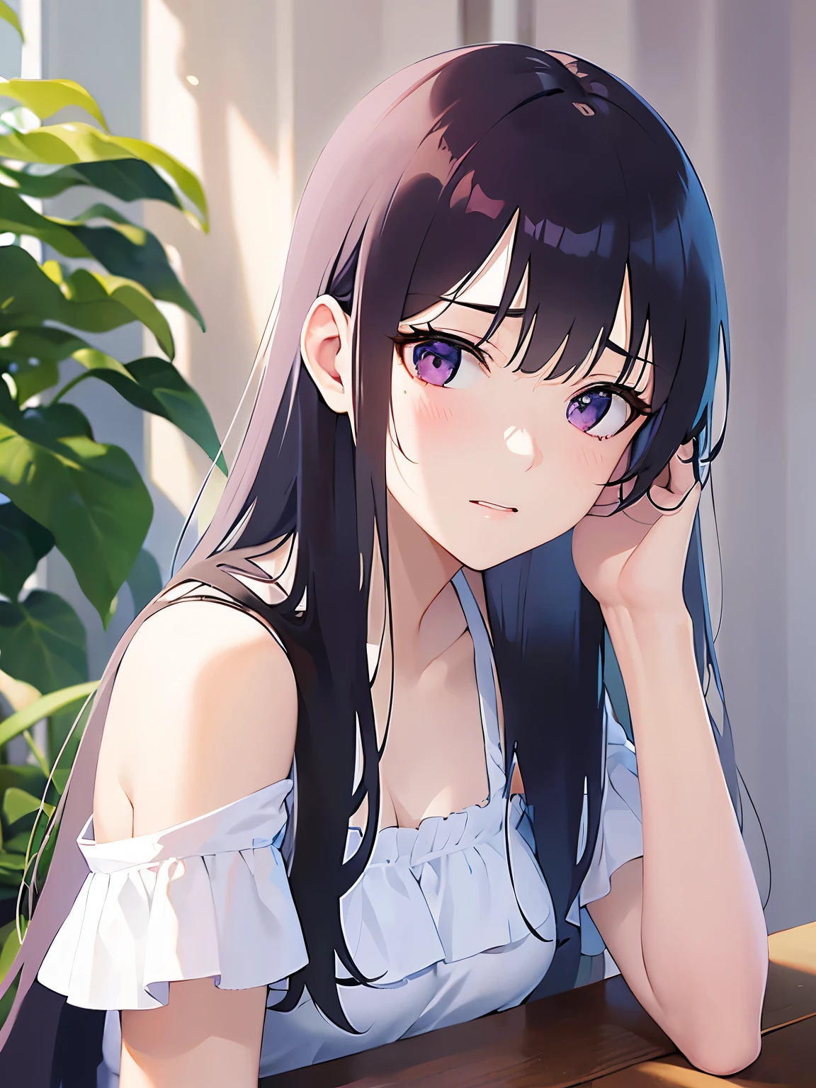 head tilt, hand on own face, Upper Body, Realistic, real person, (pale skin: 1.2), RAW photo, photorealistic, shiny skin, shiny hair、(A 25-year-old woman with straight hair and bangs) and (medium hair) and (black hair) and (purple eyes) , (white) and (off shoulder blouse) 、(embarrassed:1.5), white background、Alone、