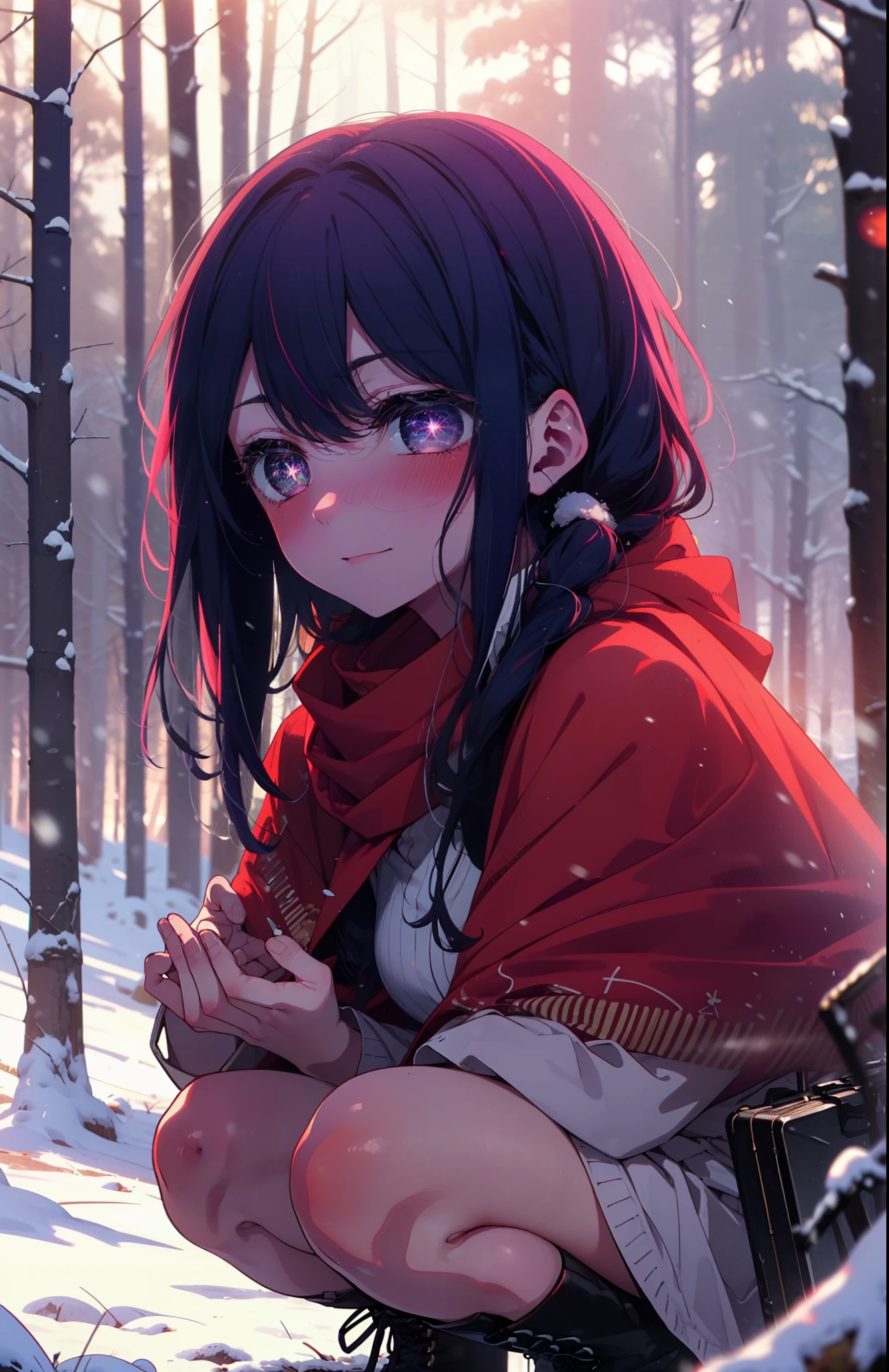 aihoshino, Ai Hoshino, Long Hair, bangs, (Purple eyes:1.1), Purple Hair, (Symbol-shaped pupil:1.5), smile,,smile,blush,white breath,
Open your mouth,snow,Ground bonfire, Outdoor, boots, snowing, From the side, wood, suitcase, Cape, Blurred, , forest, White handbag, nature, Squat, Mouth closed, Cape, winter, Written boundary depth, Black shoes, red Cape break looking at viewer, Upper Body, whole body, break Outdoor, forest, nature, break (masterpiece:1.2), Highest quality, High resolution, unity 8k wallpaper, (shape:0.8), (Beautiful and beautiful eyes:1.6), Highly detailed face, Perfect lighting, Extremely detailed CG, (Perfect hands, Perfect Anatomy),