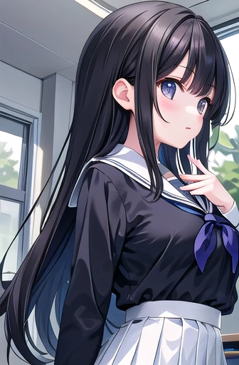 {masterpiece}, {Highest quality},One girl,School_uniform,Large Breasts、Long black hair