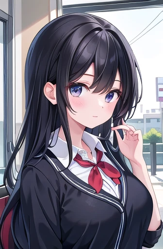 {masterpiece}, {Highest quality},One girl,School_uniform,Large Breasts、Long black hair