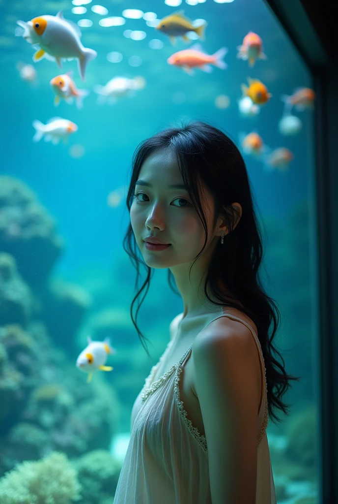 Very delicate and beautiful, wonderful, In detail, masterpiece, Very detailed, High resolution,Best shot, Best Shadow,Complex,Sharp focus, high quality, Japanese female 1 person, alone.cute,Fuka Koshiba,Yuki Sakurai, aquarium, Aquarium fish, Colorful coral reefs, Woman watching fish, Woman reflected in aquarium、There are fish swimming everywhere, Lens flare,Sleeveless,Beautiful breasts,Cool eyes,Glossy lips,smile,Glossy skin,Transparent skin,From below,From the waist up、Front blur、OM-D E-M1 Mark III,M.ZUIKO DIGITAL ED 17mm F1.2 PRO,F2.8、looking at the camera、Waistline