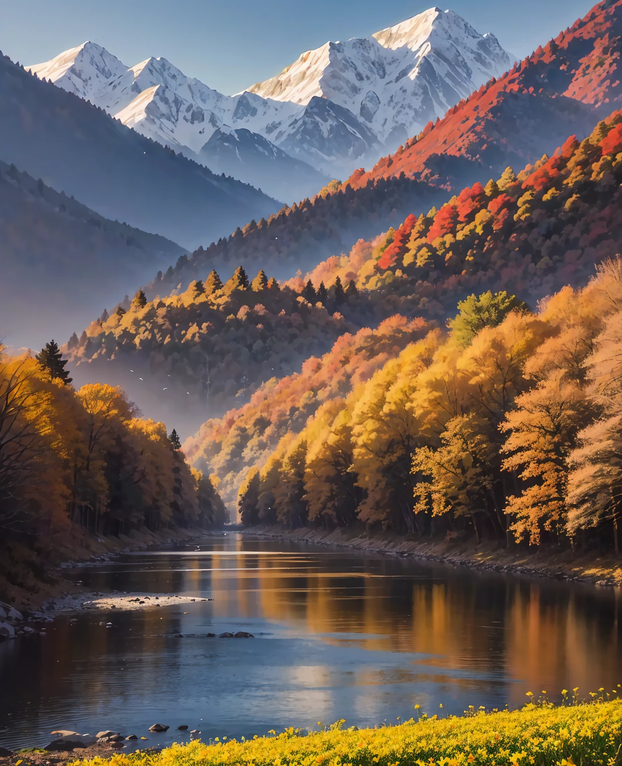 Deep forest, distant mountains, flying birds. Two-dimensional style, bright and vibrant, cherry blossoms cover the mountainside, the sunrise can be seen in the distance, a stream meanders, there are a few daffodils on the bank, the sunrise