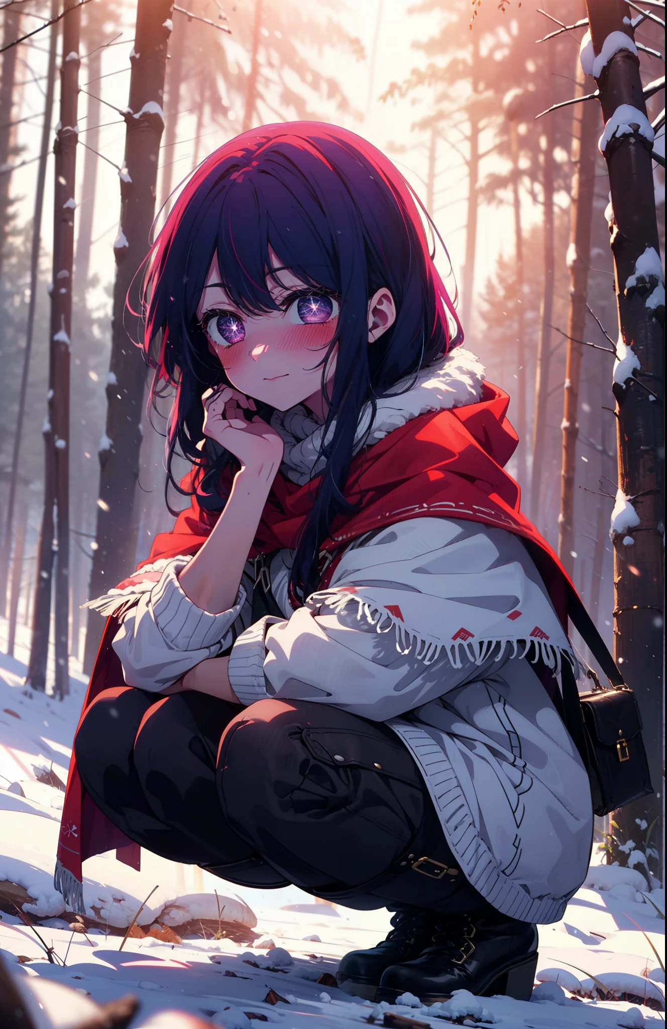 aihoshino, Ai Hoshino, Long Hair, bangs, (Purple eyes:1.1), Purple Hair, (Symbol-shaped pupil:1.5), smile,,smile,blush,white breath,
Open your mouth,snow,Ground bonfire, Outdoor, boots, snowing, From the side, wood, suitcase, Cape, Blurred, , forest, White handbag, nature,  Squat, Mouth closed, Cape, winter, Written boundary depth, Black shoes, red Cape break looking at viewer, Upper Body, whole body, break Outdoor, forest, nature, break (masterpiece:1.2), Highest quality, High resolution, unity 8k wallpaper, (shape:0.8), (Beautiful and beautiful eyes:1.6), Highly detailed face, Perfect lighting, Extremely detailed CG, (Perfect hands, Perfect Anatomy),