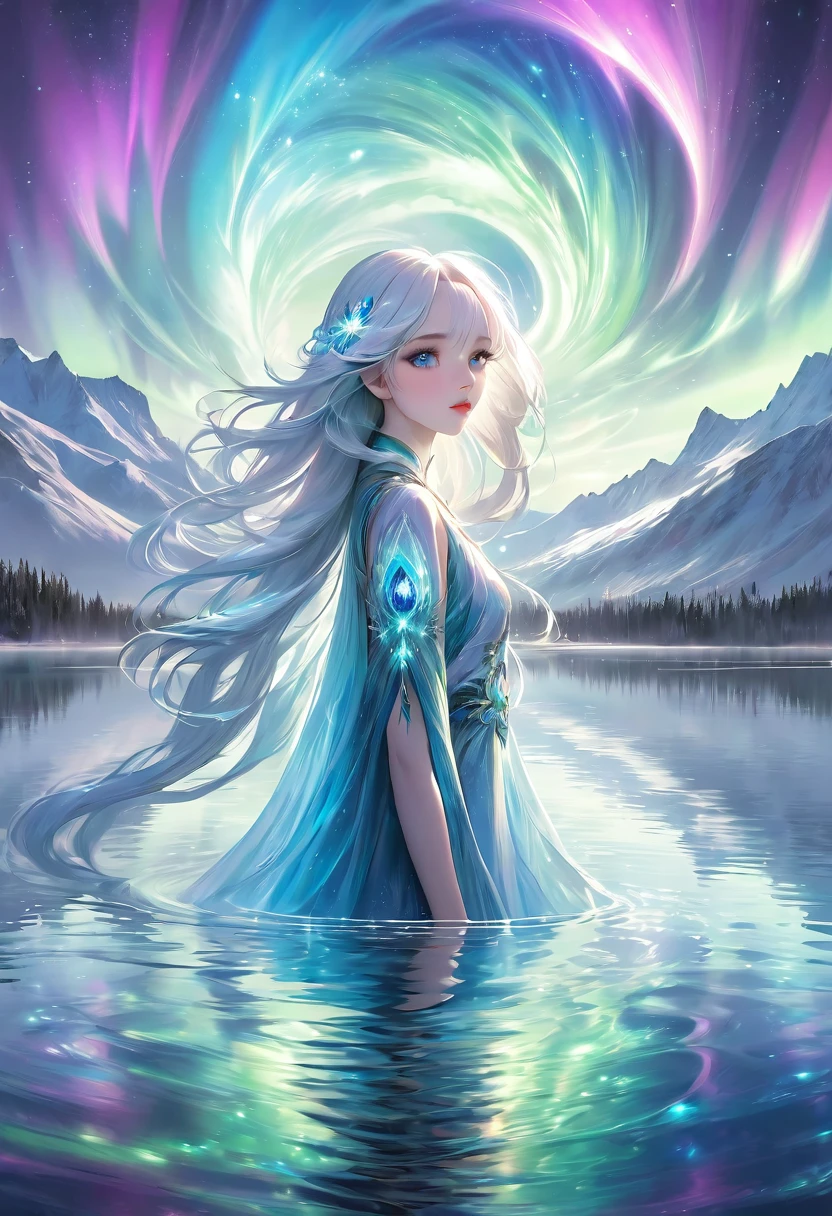 Masterpiece High Resolution Fractal Art A beautiful girl with long white and blue hair standing on a lake with aurora 1 person Fantasy art Fantastic background Korean style eye makeup Mature Shiny hair