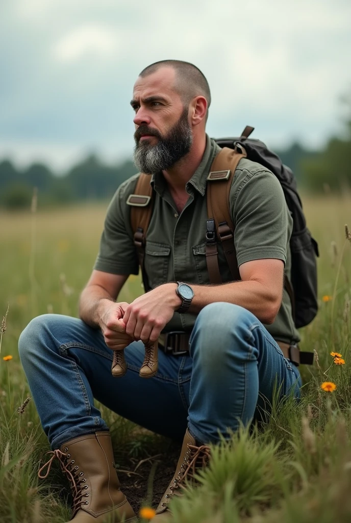a midlife bulgarian hiker, shaved head, beard, wearing jeans and kneehigh rubber farmer boots, sitting in field, he drops a tiny man into his open mouth. the tiny teenager disappears inside his open mouth.