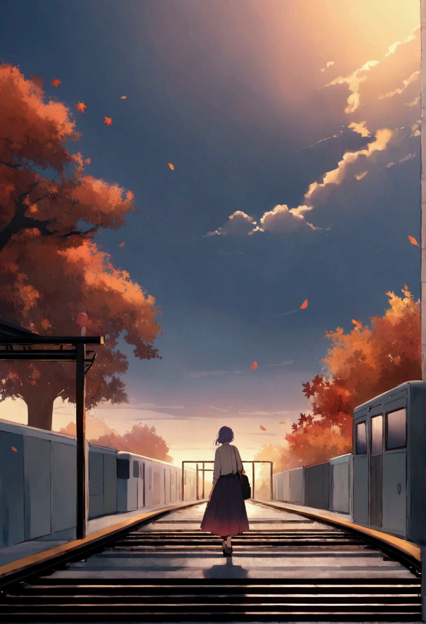 Create a melancholic yet powerful scene that reflects the theme of "No Time to Goodbye." The setting is a twilight sky with hues of deep purple, orange, and blue, symbolizing the transition between day and night. In the foreground, a lone figure stands on a deserted train platform, their back turned as they watch a train fading into the distance. The figure is dressed in casual, slightly worn clothes, with a suitcase beside them, representing a journey that must continue despite the lack of closure. The atmosphere should evoke a sense of longing, loss, and the inevitability of moving forward. Soft, ethereal light should spill across the scene, highlighting the emotional weight of the moment, with subtle details like autumn leaves swirling in the breeze, adding a touch of nostalgia. The overall mood should capture the poignant beauty of parting without a proper farewell.