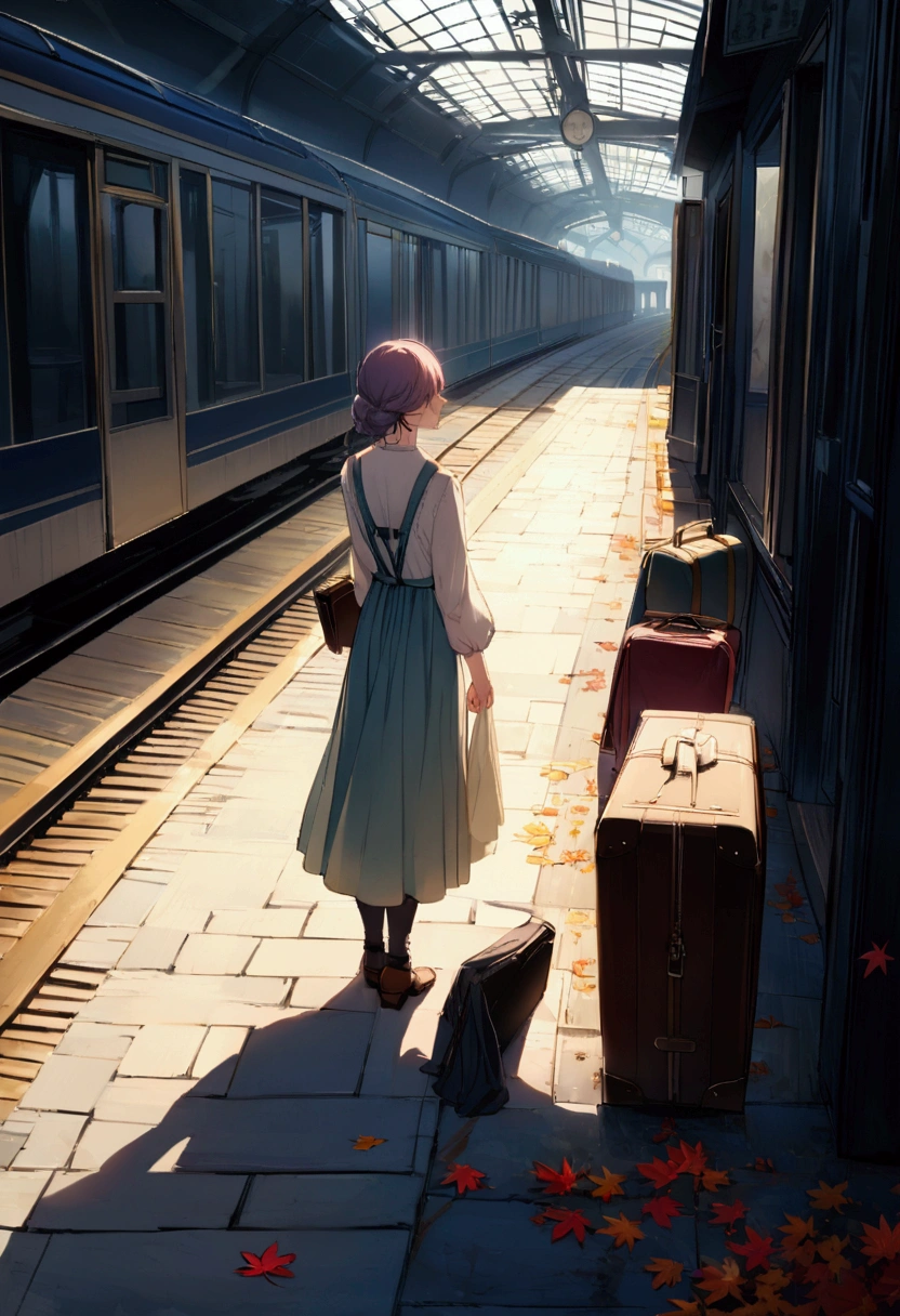 Create a melancholic yet powerful scene that reflects the theme of "No Time to Goodbye." The setting is a twilight sky with hues of deep purple, orange, and blue, symbolizing the transition between day and night. In the foreground, a lone figure stands on a deserted train platform, their back turned as they watch a train fading into the distance. The figure is dressed in casual, slightly worn clothes, with a suitcase beside them, representing a journey that must continue despite the lack of closure. The atmosphere should evoke a sense of longing, loss, and the inevitability of moving forward. Soft, ethereal light should spill across the scene, highlighting the emotional weight of the moment, with subtle details like autumn leaves swirling in the breeze, adding a touch of nostalgia. The overall mood should capture the poignant beauty of parting without a proper farewell.