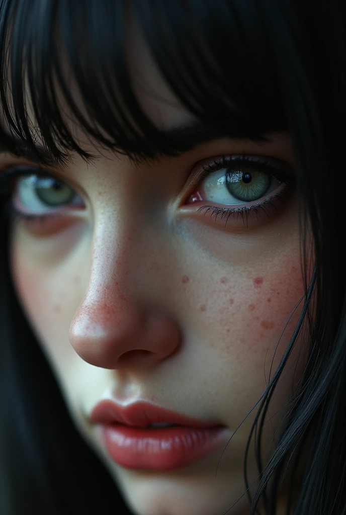 ultra-detailed, realistic, wallpaper, disheveled, hard breath, bob cut, ?????? tension, foggy look,  ???? despair, sweat, desperation loosing control, liquid t-shirt, void, abstract, freckles, red lips,