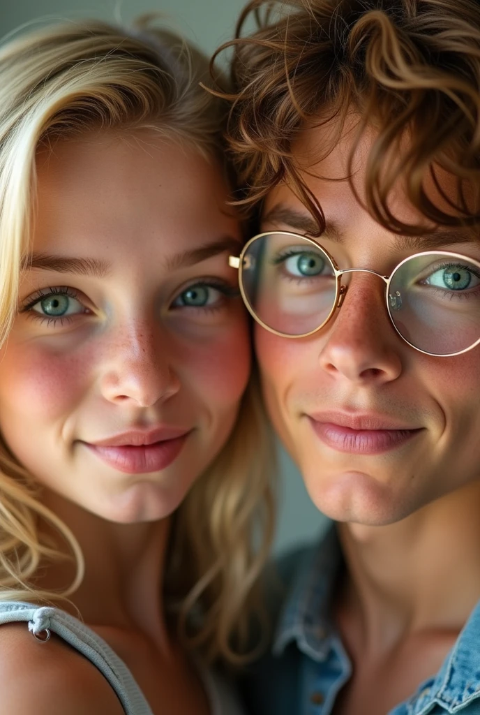 Un couple qui se fait un câlin. Il sont 14ans , la fille elle a les cheveux blonds raides avec des yeux verts elle a des lunettes rondes ovales dorées elle a du gloss transparent sur ses lèvres sa couleur de peau est belge ,le garçon a les cheveux roux raides avec des yeux verts, sa couleur de peau est belge avec des taches de rousseur sur son visage. Réel et on les voit de 3 cm 