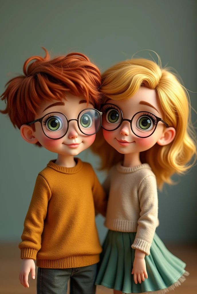 Un couple qui se fait un câlin. Il sont 14ans , la fille elle a les cheveux blonds raides avec des yeux verts elle a des lunettes rondes ovales dorées elle a du gloss transparent sur ses lèvres sa couleur de peau est belge ,le garçon a les cheveux roux raides avec des yeux verts, sa couleur de peau est belge avec des taches de rousseur sur son visage. Réel et on les voit de 3 cm