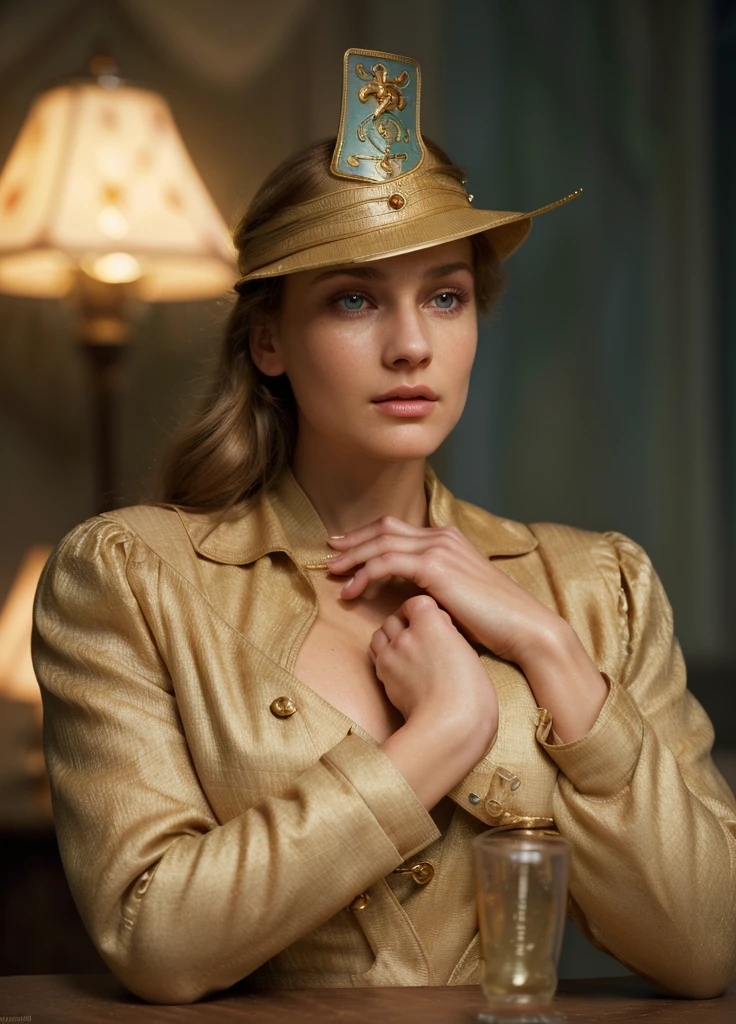 a woman in 1943 setting, full upper body, open jacket, beautiful detailed eyes, beautiful detailed lips, extremely detailed face, beautiful detailed hair, high quality, realistic, cinematic lighting, chiaroscuro, dramatic lighting, vivid colors, award winning photography, sks woman