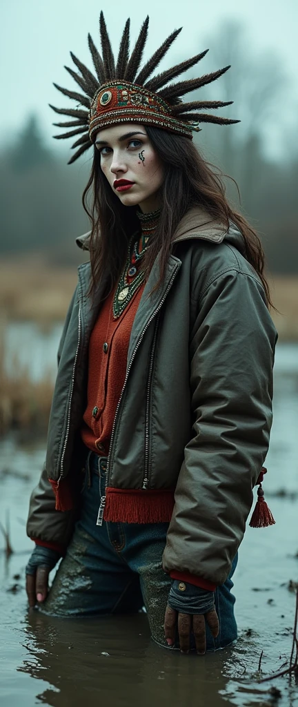 extremely detailed woman in mud bog, flared jeans. short collar only zipped shiny down jacket,is victim of ritual, mud bog, drowned below mud bog, fashion photoshoot posing,gloomy, seductive posing, loosing control, headdress,traditional indigenous makeup. red, green, blue, from afar, winter