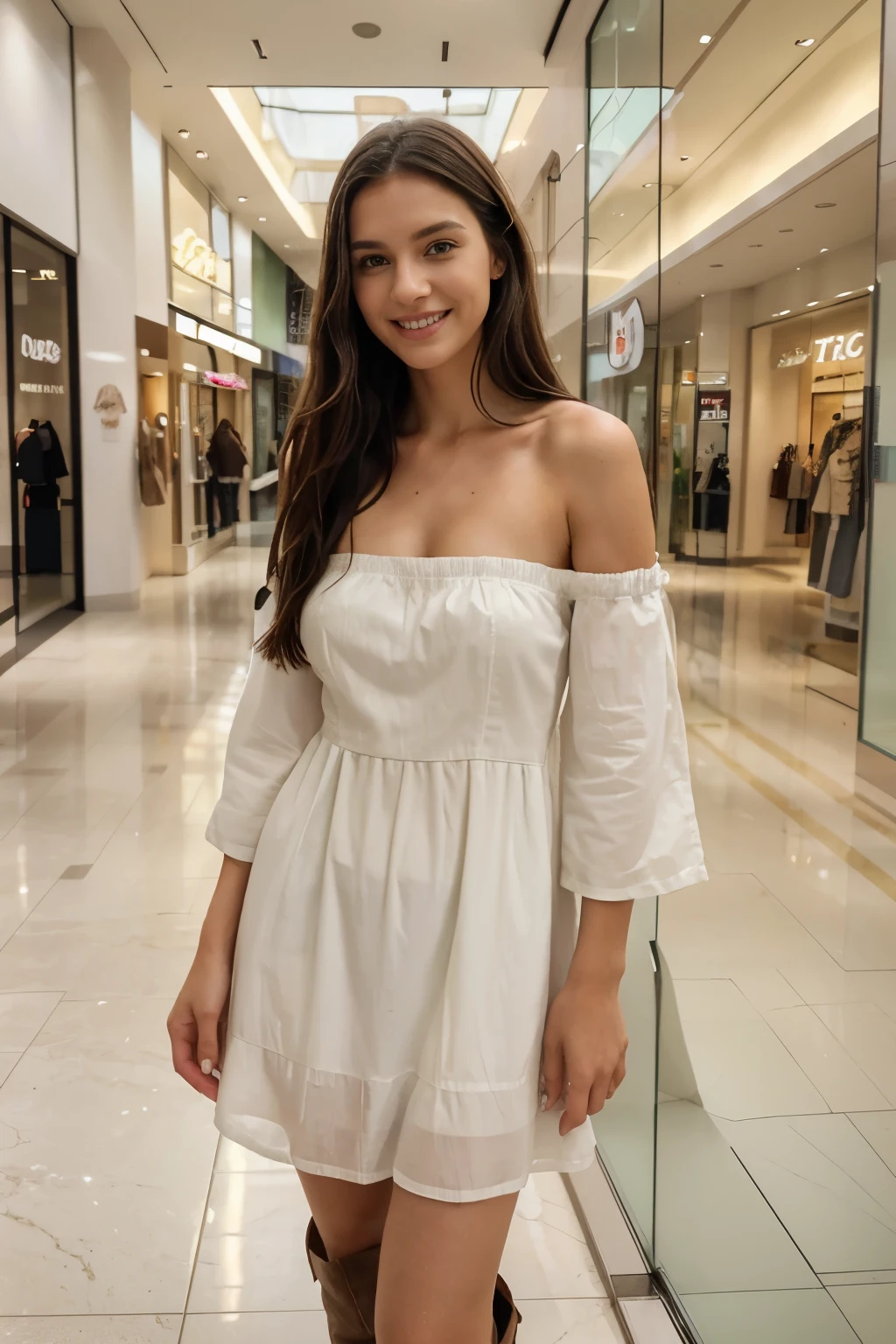 Beautiful 26 year old woman, 170 cm tall, 60kg weight, White skin, long dark hair, green eyes, hairstyle, wearing loose strapless dress, Cowboy boots, jacket, heels, looking somewhere else, (((Mall))), front of the window, laughing out loud, natural morning light, Realistic portrait, Very detailed, analog style, under the chest, mama, nipple, (((Whole body))),