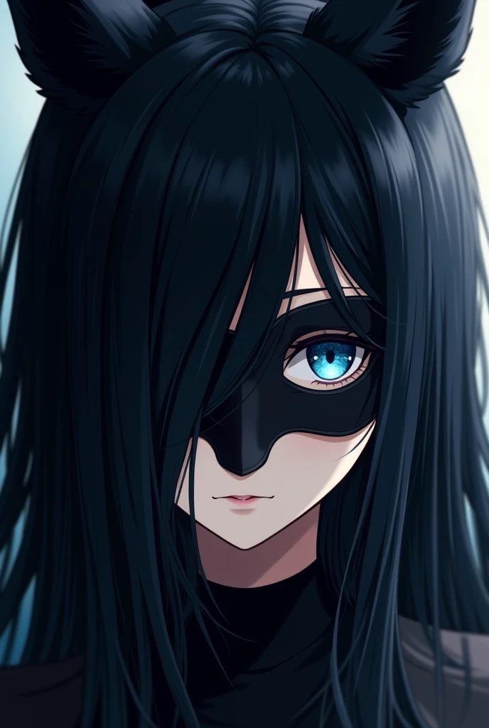 Long Black Hair、The left eye is covered by hair、Hanging eyes and blue、Draw an anime-style girl wearing a black fox mask