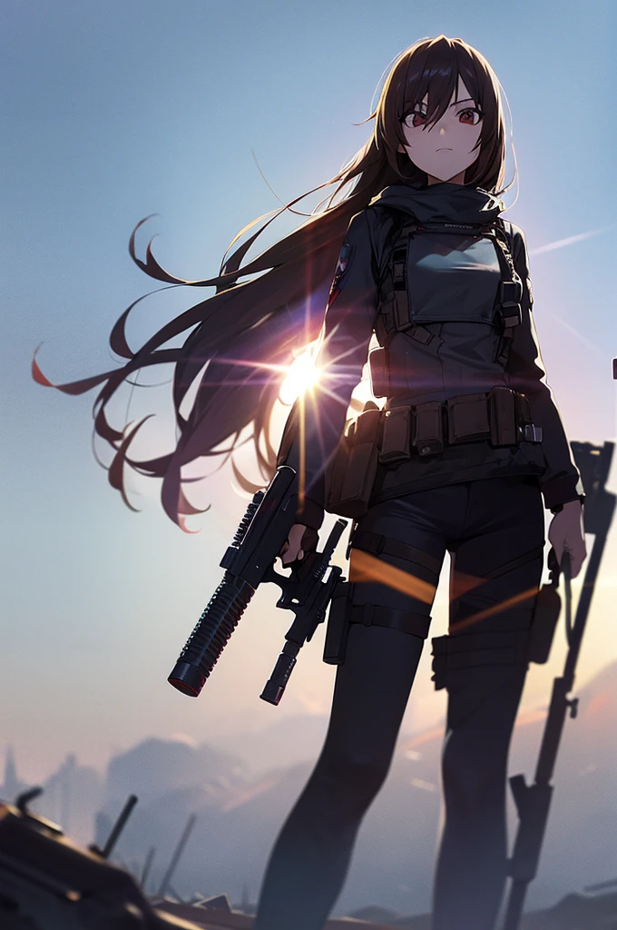 In the spotlight, holding_gun, assault_rifle, Very detailed, Brown Hair, Long Hair, Anime Style, whole body, alone, Stylish Gunfighter Girl, Holding a steampunk long barrel pistol,Standing in the wasteland, 8K high resolution, White Background, The background is a dark and desolate landscape, Horror movie atmosphere. Her figure is very beautiful, Emphasizing the dark and crazy elements. Skillfully expressing the effects of light and shadow, Anime girl with gun and rifle standing in front of a building, from Girls&#39; Frontline, mechanized soldier girl, Girls&#39; Frontline style