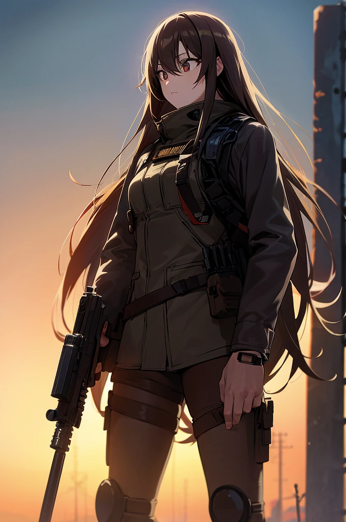 In the spotlight, holding_gun, assault_rifle, Very detailed, Brown Hair, Long Hair, Anime Style, whole body, alone, Stylish Gunfighter Girl, Holding a steampunk long barrel pistol,Standing in the wasteland, 8K high resolution, White Background, The background is a dark and desolate landscape, Horror movie atmosphere. Her figure is very beautiful, Emphasizing the dark and crazy elements. Skillfully expressing the effects of light and shadow, Anime girl with gun and rifle standing in front of a building, from Girls' Frontline, mechanized soldier girl, Girls' Frontline style