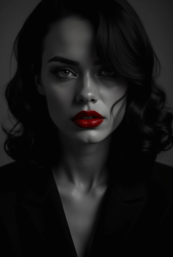 Photo noire et blanc, film noir style, Maginifique, 1fille, Seulement, demi-corps, Dramatic lighting, monochrome, high contrast, ombres dramatiques, 40s style, Mysterious, cinematic, Bright red lips (((Only lips red)))