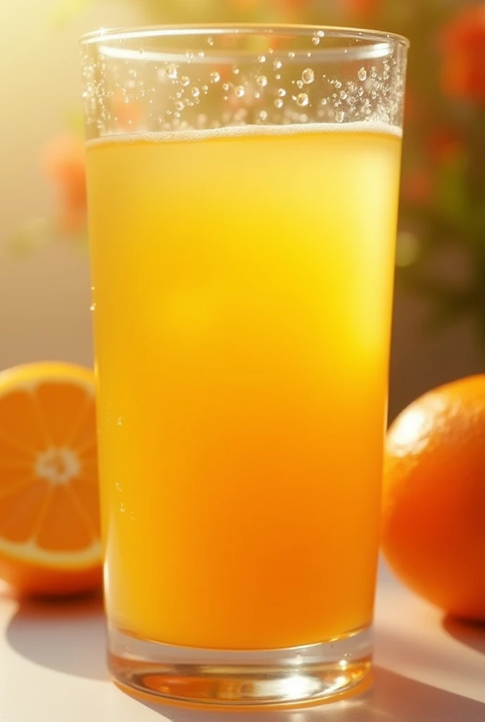 High quality photography of a glass of fresh orange juice,Orange glass,Filled with fresh orange juice,Clear texture under the sun,There are water drops on the edge of the cup,Elegant background,Fresh and elegant