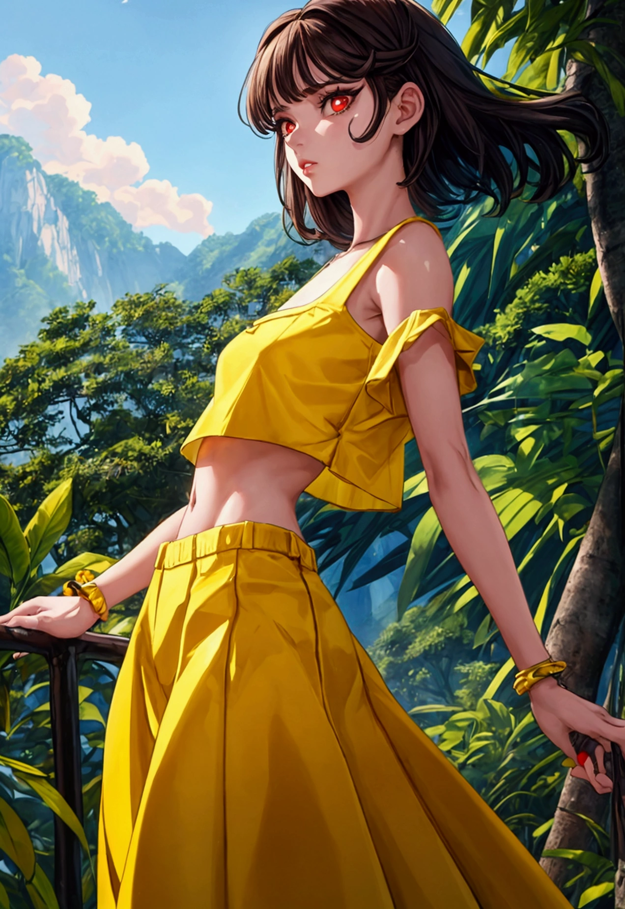 A beautiful brunette girl in her 20's, Her facial features are detailed with small lips and a cute facial expression, courageous look, red eyes no wearing black Crocs on her feet, Her top is a yellow crop-top, revealing her bulging belly,  The girl is tall, ultra low angle, Mountain and tropic rainforest in the background, ultra-detailed, anime.
 ((The low angle shot emphasizes her height and the drama of the scene)) ((She’s dressed casually but stylishly, with her yellow crop-top making her stand out against the natural setting)), (( The details in her facial features, especially the small lips and unique red eyes, create a chic and captivating look))