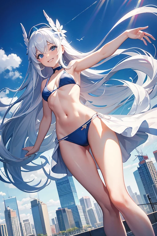 Asian woman, white messy silky long hair, blue eyes, grinning, small bikini, 2000 meters tall, city