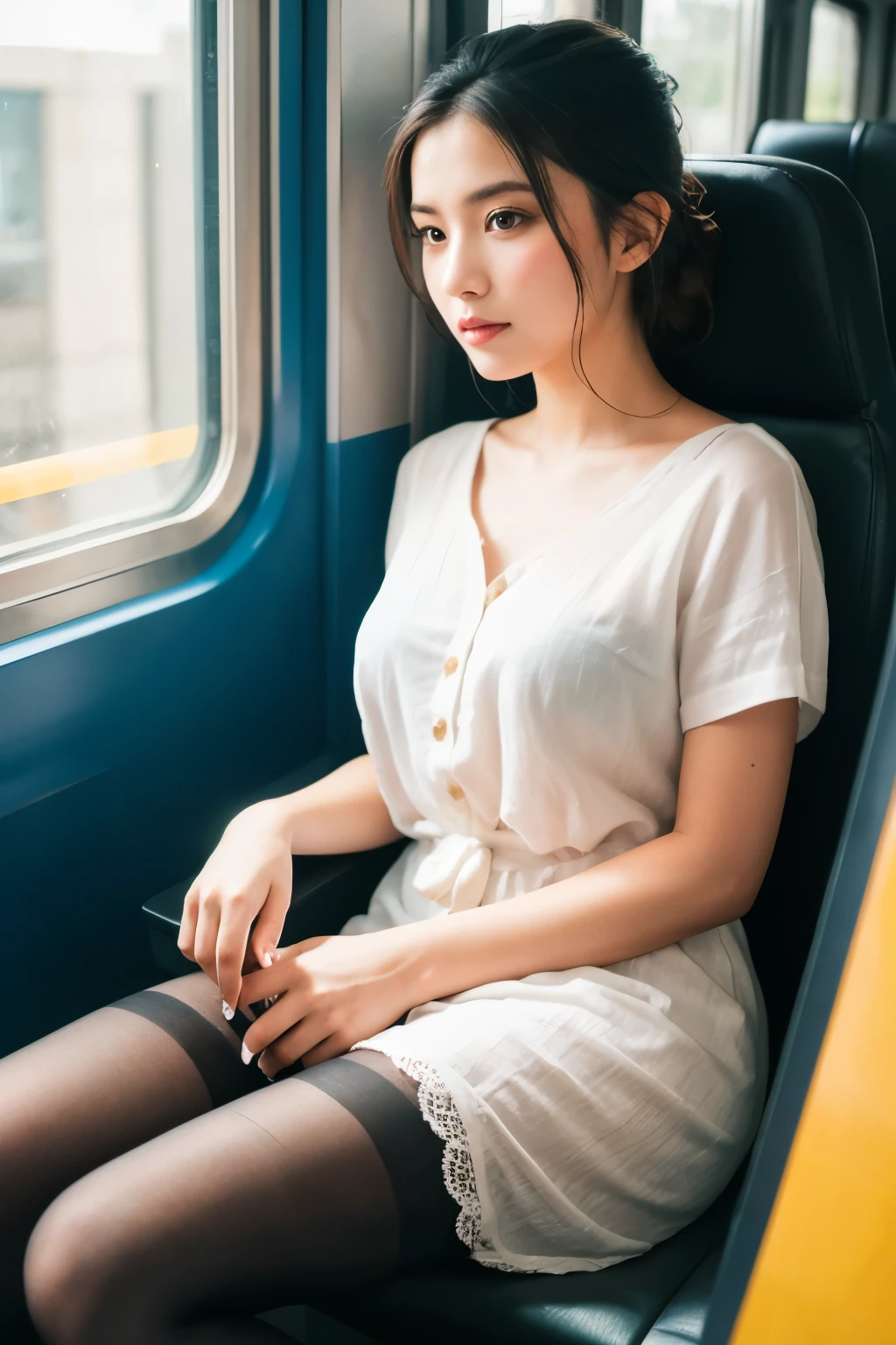 (masterpiece, Highest quality, 8k, RAW Photos, beautifully、beautiful:1.2),  Intricate details, indirect lighting, Realistic,
whole body, Sitting on a chair on the train、Gazing at the audience、Voyeur、
 Square neck button-down linen sundress, (Ultra-realistic pantyhose)、
 Women&#39;s training , Chair to sit under skirt,