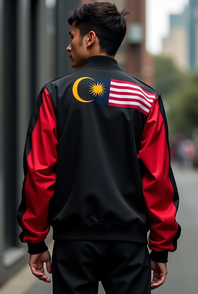 Jacket. Black body red arm. Malaysia logo on back of right shoulder to front