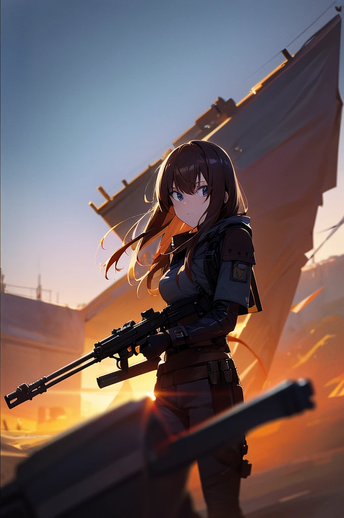 In the spotlight, holding_gun, assault_rifle, Very detailed, Brown Hair, Long Hair, Anime Style, whole body, alone, Stylish Gunfighter Girl, Holding a steampunk long barrel pistol,Standing in the wasteland, 8K high resolution, White Background, The background is a dark and desolate landscape, Horror movie atmosphere. Her figure is very beautiful, Emphasizing the dark and crazy elements. Skillfully expressing the effects of light and shadow, Anime girls with guns and rifles, from Girls&#39; Frontline, mechanized soldier girl, Girls&#39; Frontline style