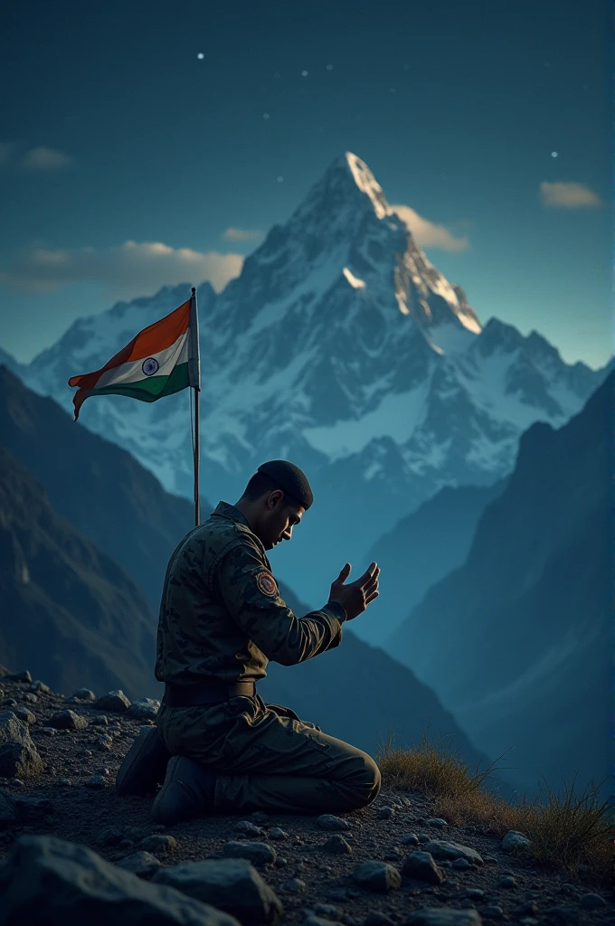 A muslim , Indian army soldier, salah prayer on mountain, front of indian flag, vhs effect, dark Night