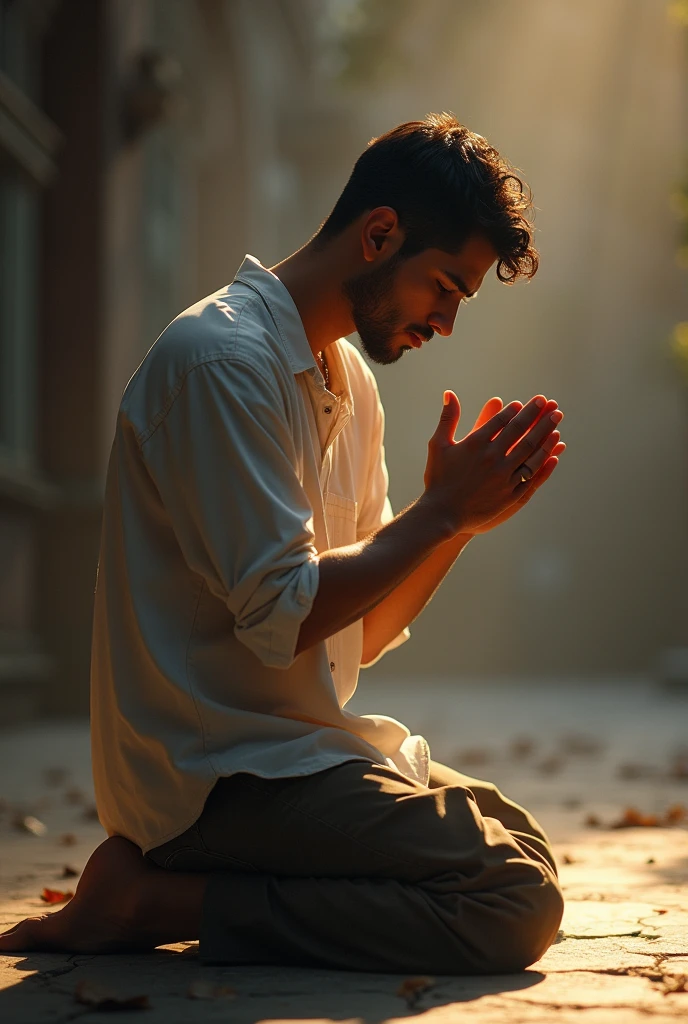 Young white Latino man on his knees thanking God for his glory