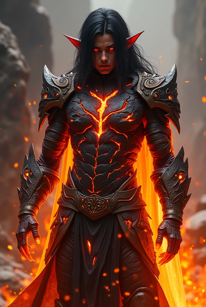 Generate an image of an lava elemental, he is humanoid in shape, he has elven traits, he is using rock armor with cracks everywhere, from the cracks there is fire leaking, he has black hair and fiery eyes