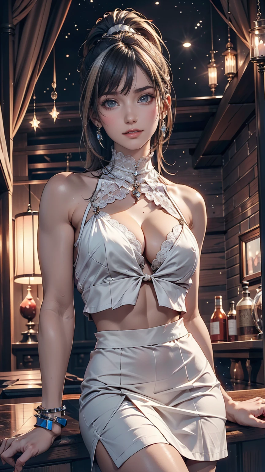 24-year-old woman、Attractive Young Woman, (Beautiful Face:1.1), Detailed eyes, Seductive lips, (eye make up:1.2), (Medium chest:1.0), (Toned body:1.2), Sexy proportions、Narrow waist、Erotic female body、Split Ponytail((split ponytail))、Silver Hair、High neck blouse with lace embellishment、High Waist Skirt、Silver accessories on the wrist、Stiletto heels、Arms crossed、smile、Starry Sky、meteor、Xin Haicheng、Cowboy Shot