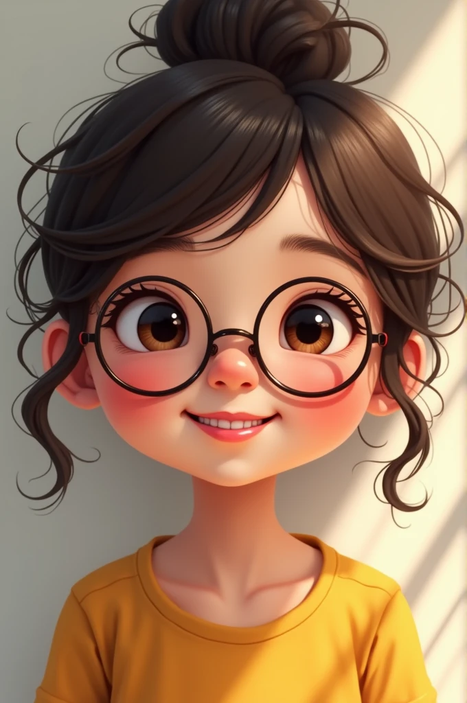 a asain girl with cute chubby cheeks with a volumed frizzy drak breon hair with drak brown eyes having a mile athe the centre of tge cheeks with beatiful lips and wearing a round glasses having a little but big nose