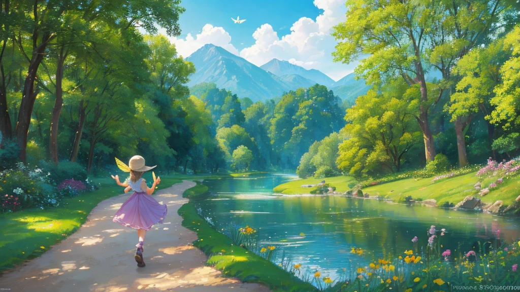 A beautiful butterfly in a landscape, 1girl, intricate detailed butterfly wings, butterflies flying, lush green garden, sunlight shining, puffy white clouds, vibrant colors, pastoral scene, children playing, cute smiling children, soft lighting, photorealistic, (best quality,8k,highres,masterpiece:1.2),ultra-detailed,(realistic,photorealistic,photo-realistic:1.37),digital art, landscape painting