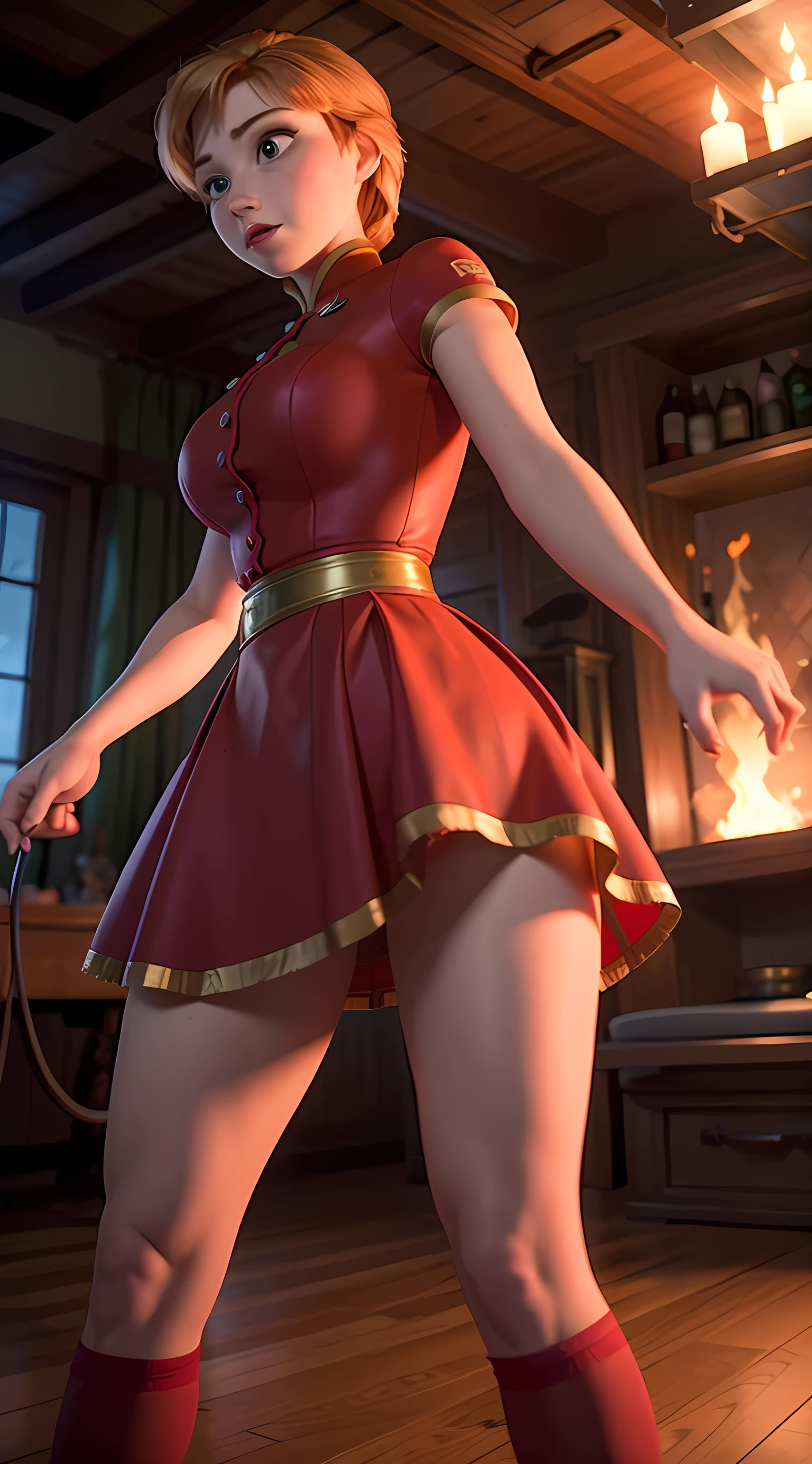 Photo of Anna of Arendelle,wearing a sexy fireman suit, short fireman skirt, red tights with garter, putting out a fire, from behind,   Nice, show breasts, huge breasts, tall, sexy legs, bursting huge breasts, wide hips, busty, sexy, enormous breasts