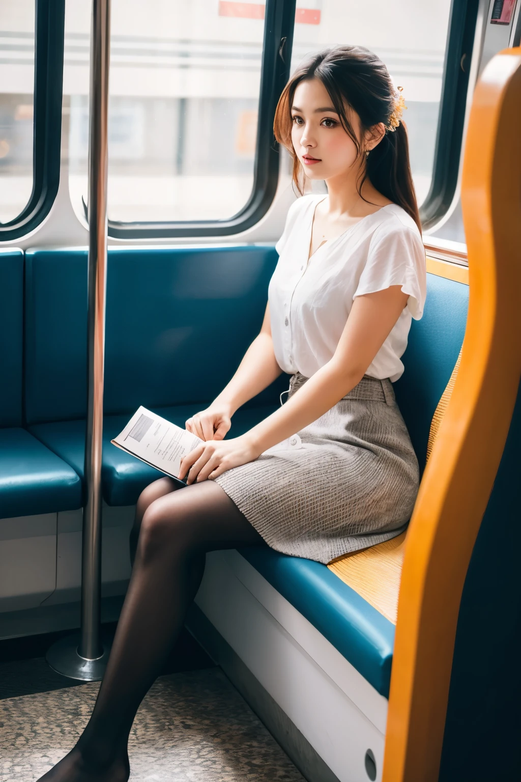 (masterpiece, Highest quality, 8k, RAW Photos, beautifully、beautiful:1.2), Intricate details, indirect lighting, Realistic,
whole body, Sitting on a chair on the train、Gazing at the audience、Voyeur、
Square neck button-down linen sundress, (Ultra-realistic pantyhose)、
Women's training , Chair to sit under skirt,