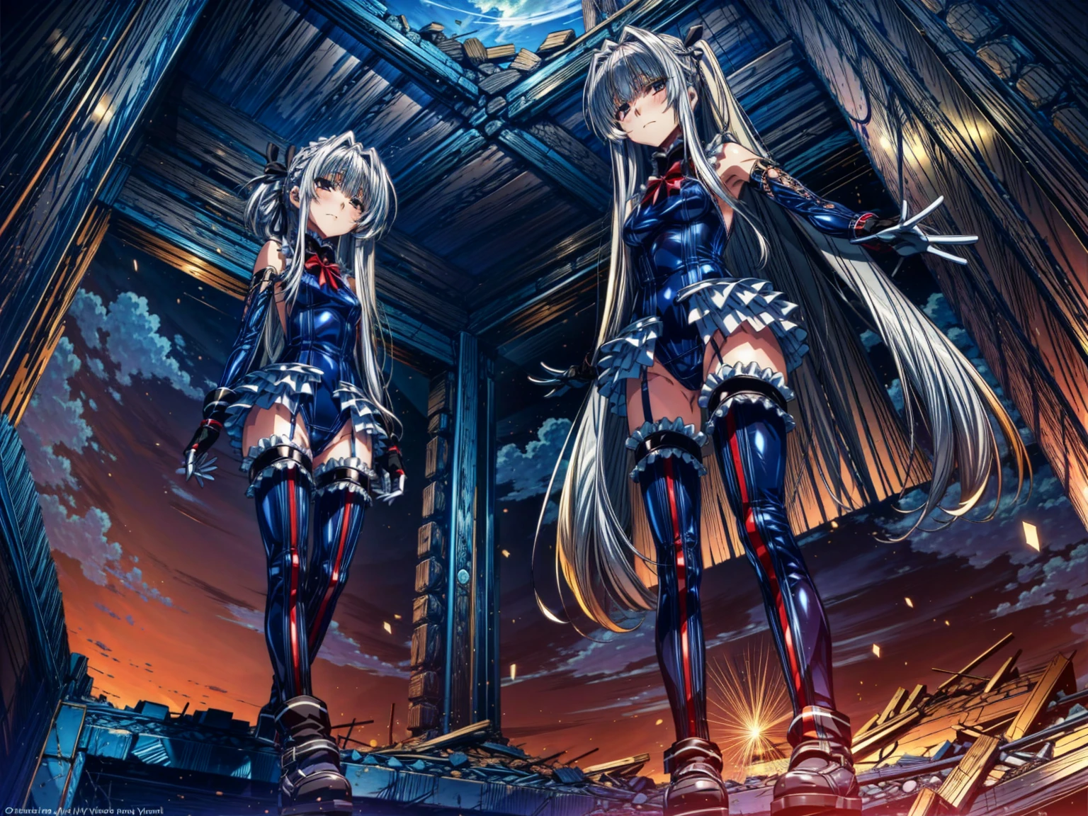 Perfect Anatomy, Highest quality, marirose,,Provocative attitude
,(Dawn greets the sky above the rubble:1.1),(Emotionless,Expressionless:1.4),Anime Style,(Frilled swimsuit, Knee socks, Removed sleeve), (Anime Style:1.4) ,(3girls:1.5),
Silver Hair,(White fingers:1.1,Black gloves),Very long hair,Evil Aura,(from directly below:1.4),full body