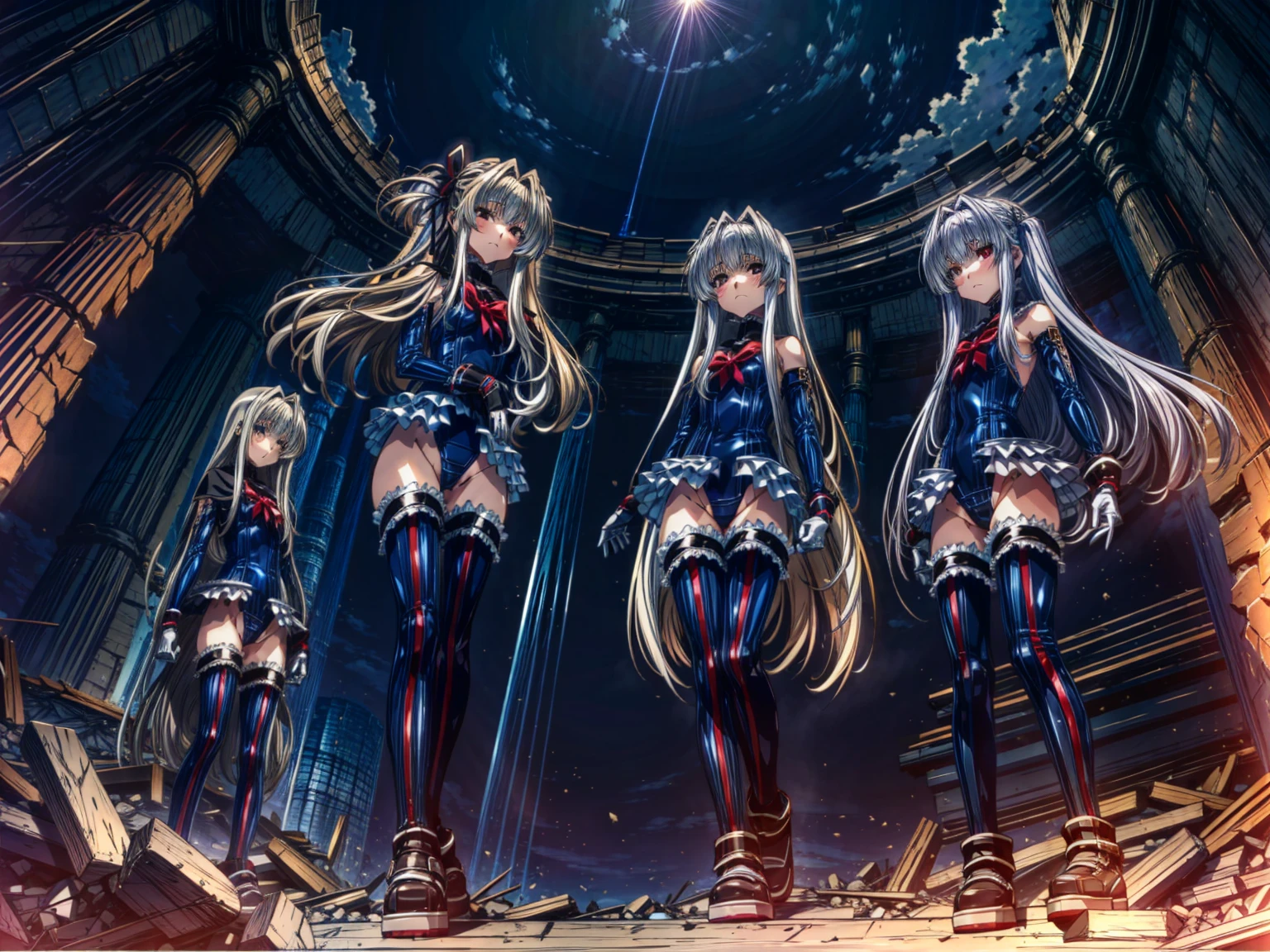 Perfect Anatomy, Highest quality, marirose,,Provocative attitude
,(Dawn greets the sky above the rubble:1.1),(Emotionless,Expressionless:1.4),Anime Style,(Frilled swimsuit, Knee socks, Removed sleeve), (Anime Style:1.4) ,(3girls:1.5),
Silver Hair,(White fingers:1.1,Black gloves),Very long hair,Evil Aura,(from directly below:1.4),full body