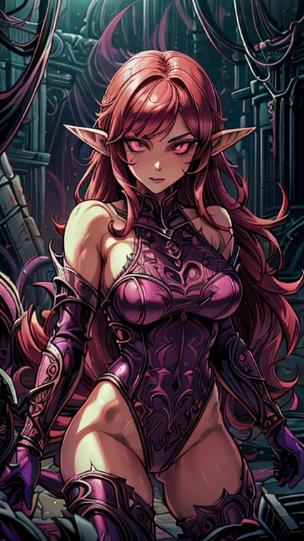 (lyamon,1girl,yellow skin, pink sclera, black eyes, red hair, long hair, wavy hair,pointy ears), (extremely detailed CG unit 8k wallpaper),(master part), (best quality), (ultra detail), (best illustration),(Dan Mumford style), cowboy shot, (Sharp eyeliner, ombre, detail eyes), dark dungeon interiors background, ,break , (vamptech), purple leotard, single bare shoulder