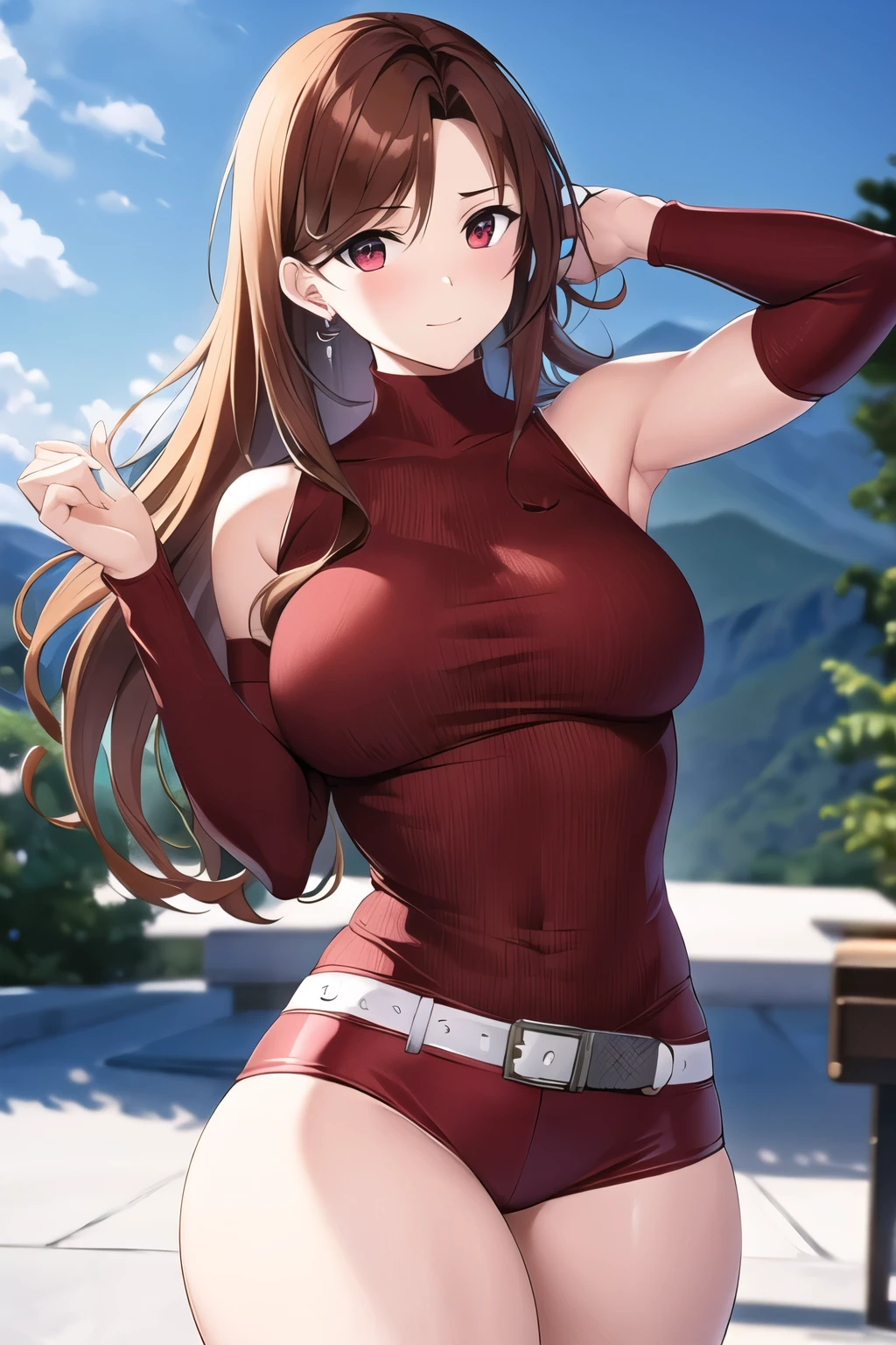 Claire Redfield from Resident Evil, posing seductively to viewer, solo focus:1,2, pov, beautiful thick thighs, realistic hands, standing
Sunny Ski resort background, long auburn hair, 3/4 body, off-shoulder buttoned winter jacket