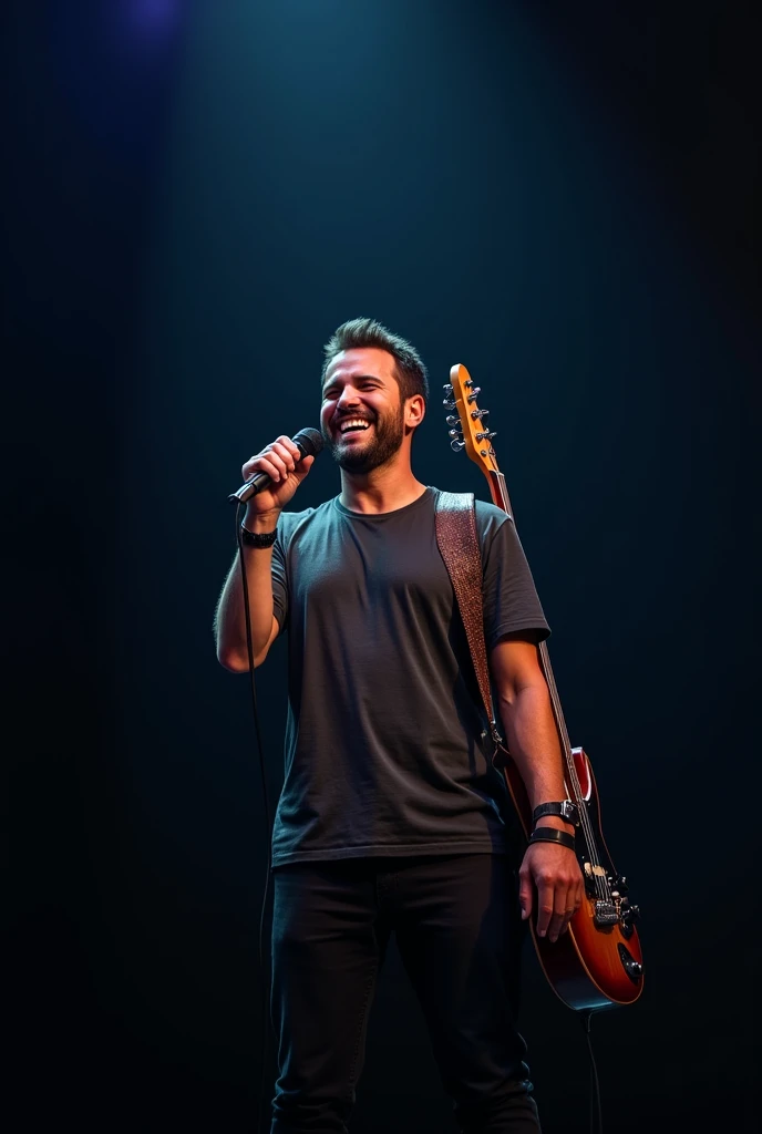 A man holding mic on his hand and guitar on his back and smile on his face with a dark
background