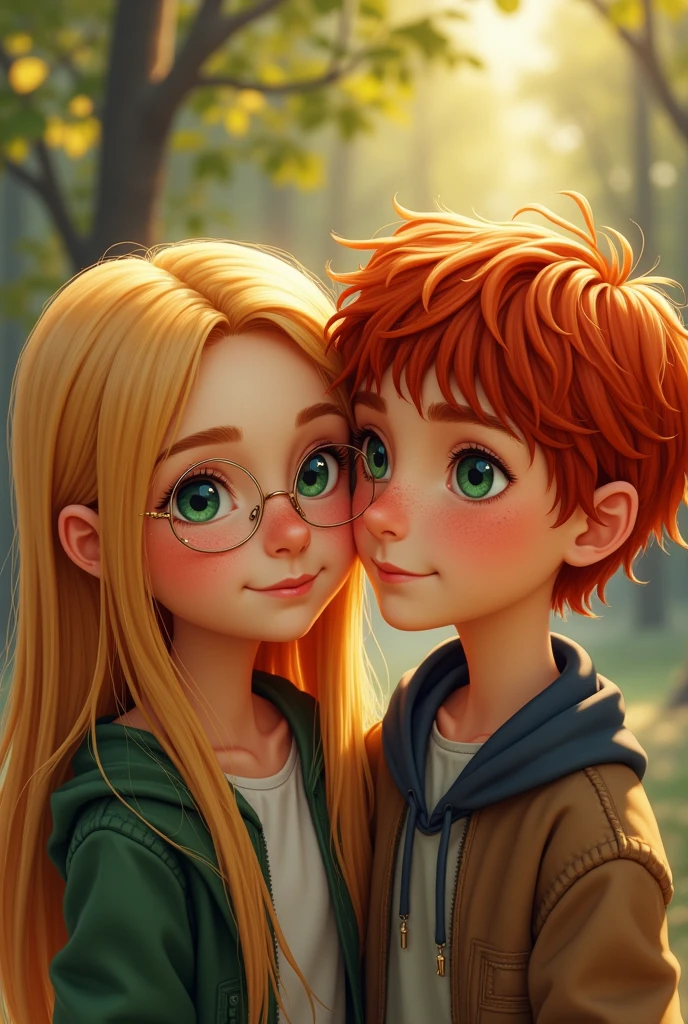 Un couple qui se fait un câlin. Il sont 14ans , the girl she has straight blonde hair with green eyes she has gold oval round glasses she has transparent gloss on her lips her skin color is Belgian ,the boy has straight red hair with green eyes his skin color is Belgian with freckles on his face.