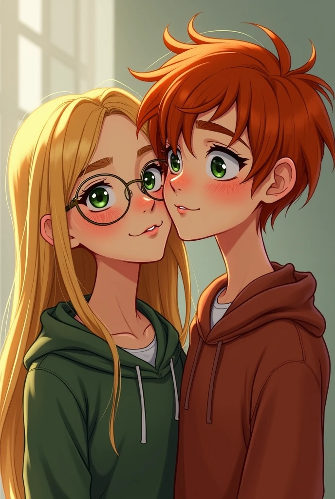 Un couple qui se fait un câlin. Il sont 14ans , the girl she has straight blond hair with green eyes she has gold oval round glasses she has clear gloss on her lips her skin color is belgian ,the boy has straight red hair with green eyes, her skin color is belgian with freckles on her face. Réel et ils sont tous les deux 14ans .