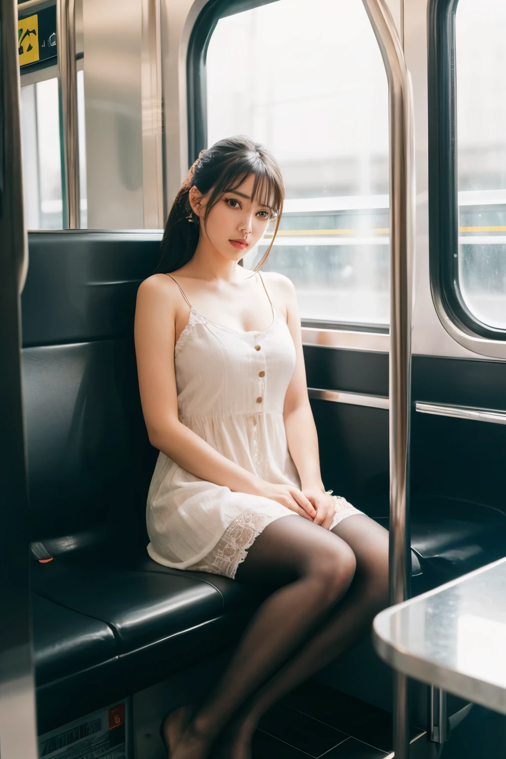 (masterpiece, Highest quality, 8k, RAW Photos, beautifully、beautiful:1.2),  Intricate details, indirect lighting, Realistic,
whole body, Sitting on a chair on the train、Gazing at the audience、Voyeur、
 Square neck button-down linen sundress, (Ultra-realistic pantyhose)、
 Women&#39;s training , Chair to sit under skirt,