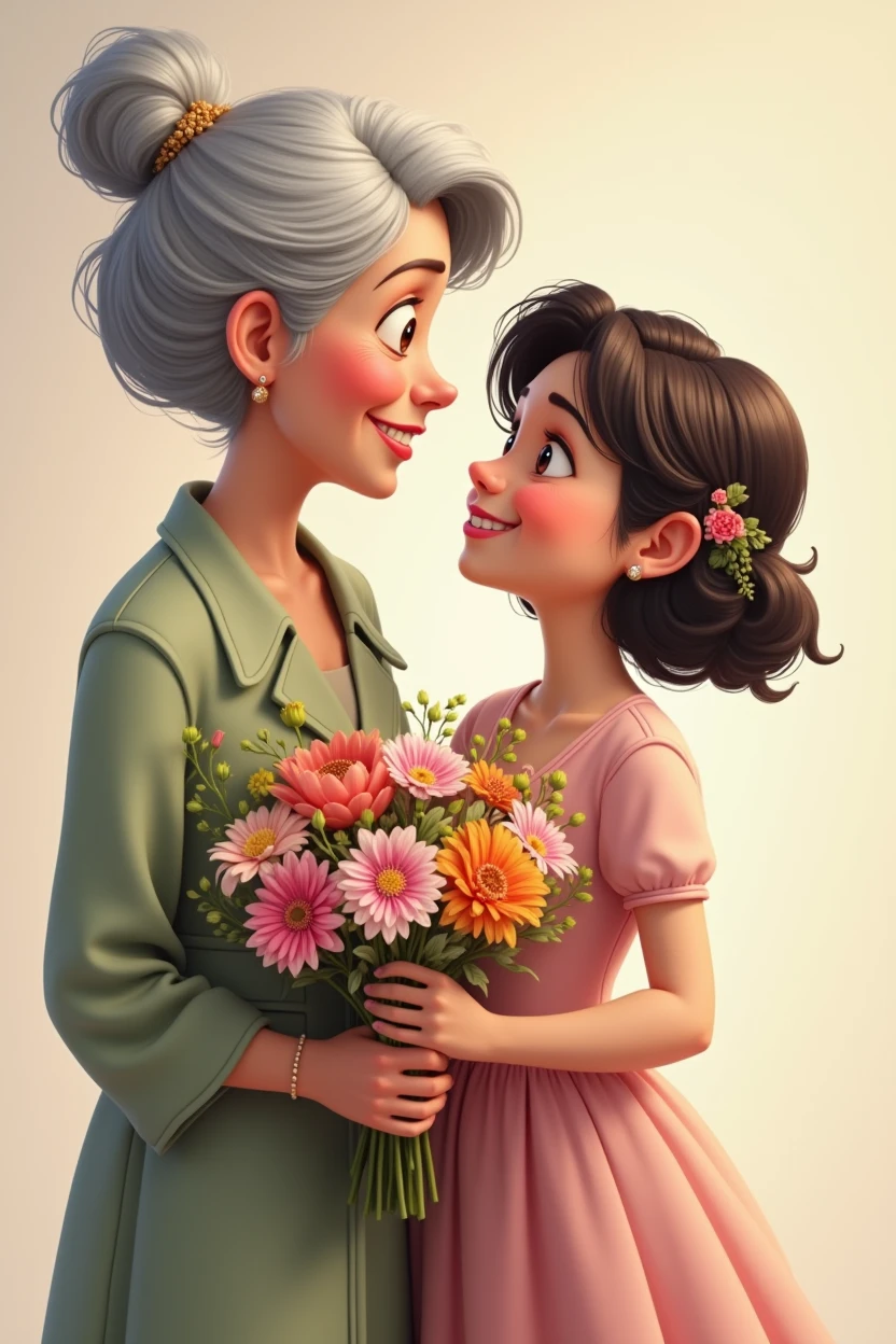 a short grandmother, skin fair, dark hair accompanied by her granddaughter, a little, shorth hair, sweetie, skin fair, with a light pink dress, she holding a beautiful bouquet of different flowers , they are smiling, looking at each other, drawning, disney pixar style