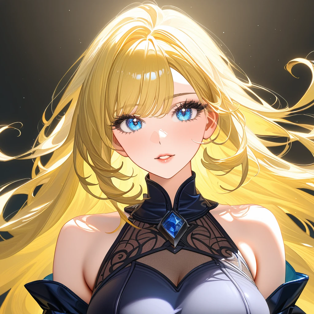 Tall Mature Women With Long blonde curly hair and Dark Blue Eyes , With Long black Eyelashes , Wearing Half sleeve White dress , Half portrait, Big chest , Hyper detailed eyes , hugh resolution, High quality, 4kHd , Masterpiece, Sharp Eyes